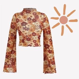 NWT RETRO BELL SLEEVE LETTUCE TRIM MOCK NECK FLORAL MESH CROP TOP SIZE M
